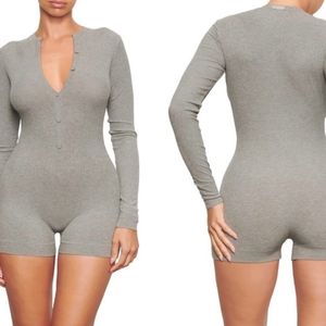 Soft Lounge Button Up Henley Onesie Heather Grey